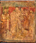 Iicône Byzantine de l'Église d'Alexandrie, toile sur plâtre et bois, 1-2ème siècle. On y voit des chrétiens apeurés et craintifs, avec sur la gauche ce qui semble un évêque, peut-être Pamphile de Césarée